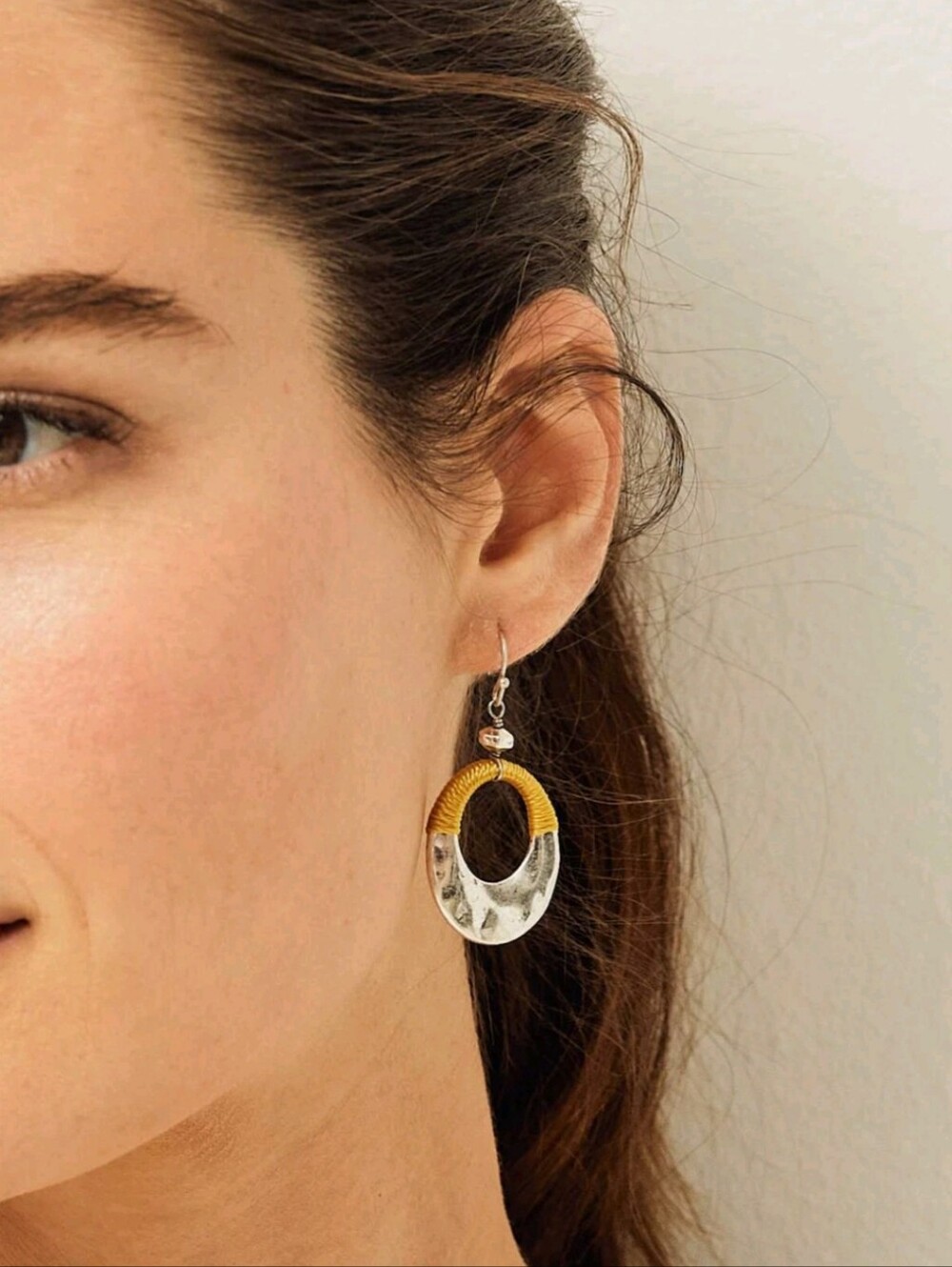 J. Jill NWT Hammered Mixed Metal &  Yellow Thread Wrapped Hoop Dangle Earrings